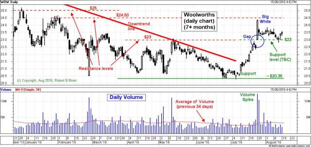 Woolworths Limited (daily candlestick chart, 7 months)
